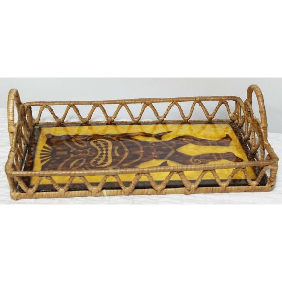 Polynesian Tiki God Capiz Serving Tray Shell God 21"x12" Jewel Brown Gold Woven - Picture 6 of 8